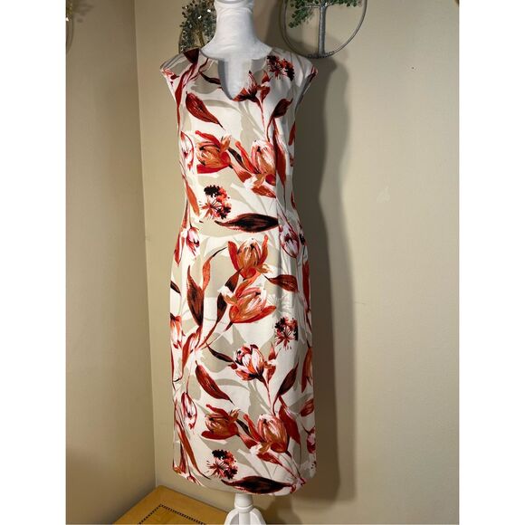Connected Apparel Off White Taupe Red Floral Sleeveless Dress Size 4 - Picture 7 of 8